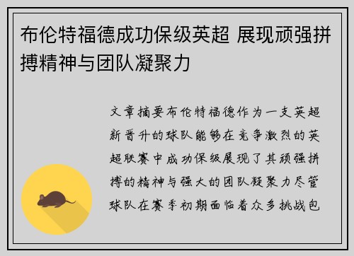 布伦特福德成功保级英超 展现顽强拼搏精神与团队凝聚力