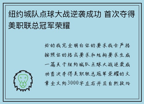 纽约城队点球大战逆袭成功 首次夺得美职联总冠军荣耀